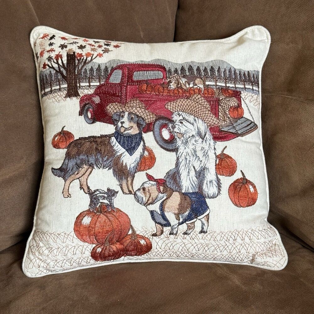 PIER 1 Throw Pillow Antique Red Truck Dogs Bearded Collie Pug Embroidered 15"